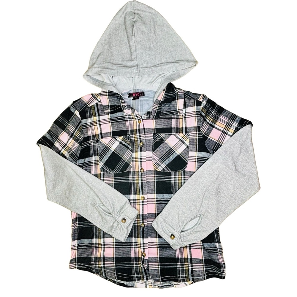 NYC Teen Girls Multicolored Pocketed Button Hooded Fashion Blouse Size L 14/16